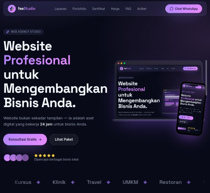 Tampilan website feeStudio di layar laptop